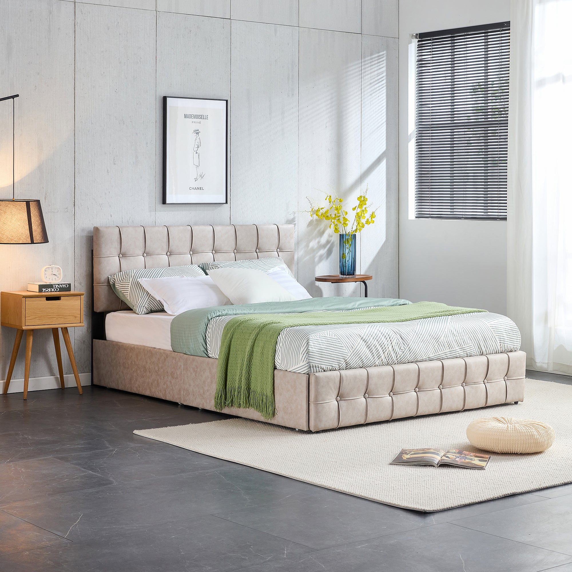 Queen Size Adjustable Headboard Height Storage Bed with 4 Drawers - Brow