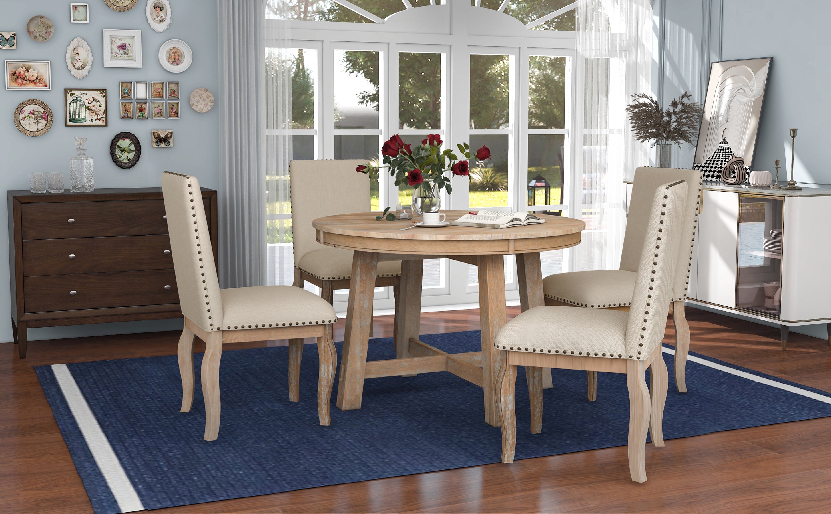 5-Piece Farmhouse Dining Table Set Wood Round Extendable Table and 4 Upholstered Chairs - Natural Wood Wash