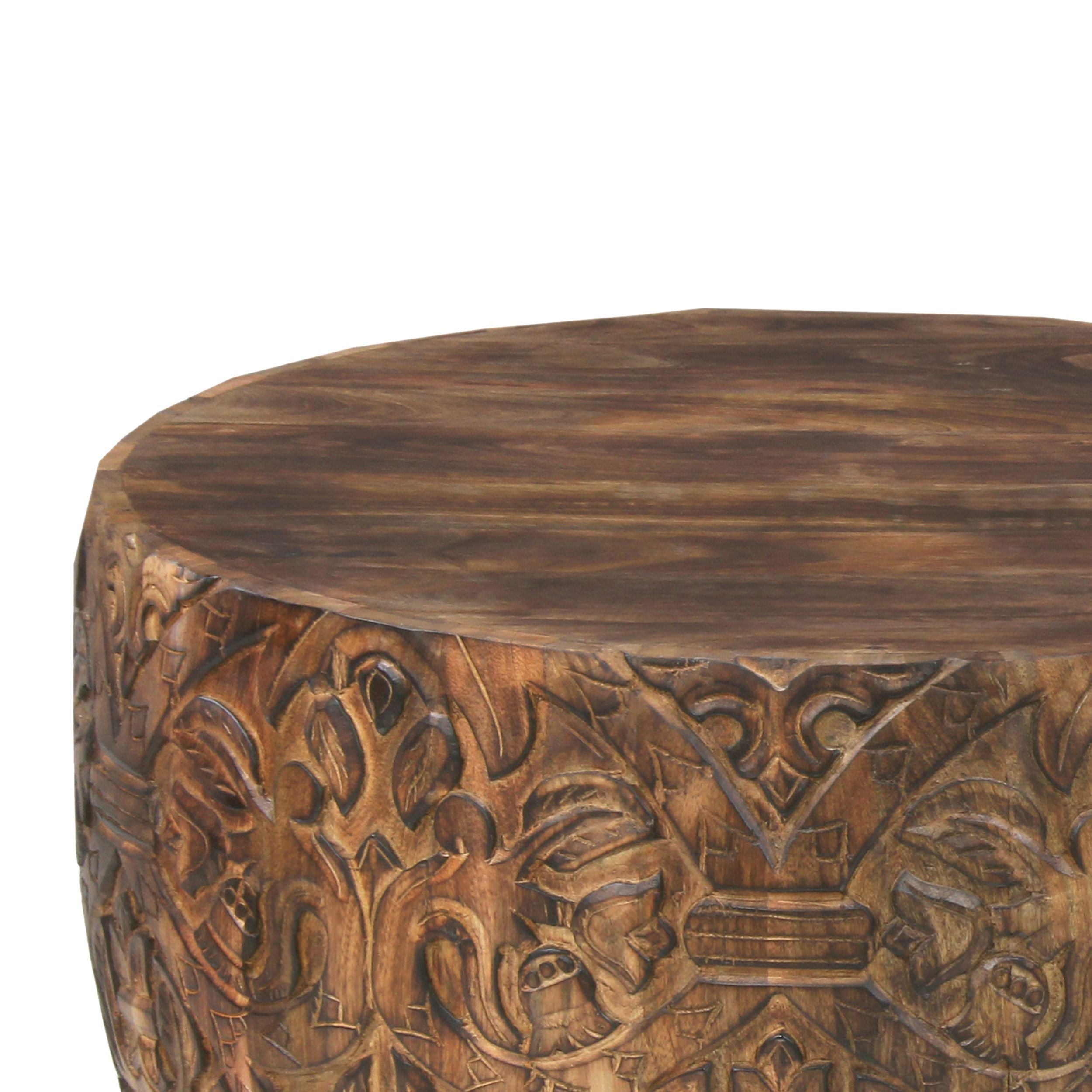Handcrafted Mango Wood Coffee Table Round Drum Shape - Walnut Brown