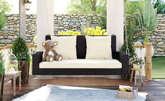 2-Person Wicker Hanging Porch Swing with Chains, Cushion, Pillow, Rattan Swing Bench for Garden, Backyard, Pond (Brown Wicker, Beige Cushion)