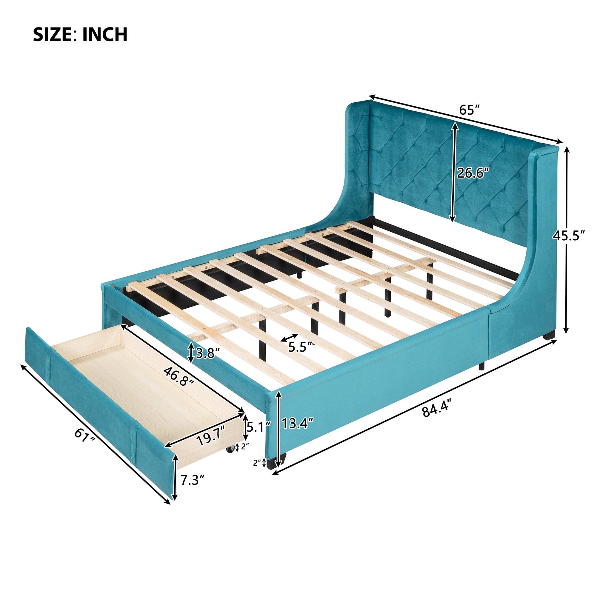Queen Size Storage Bed Velvet Upholstered Platform Bed with Wingback Headboard and a Big Drawer - Blue
