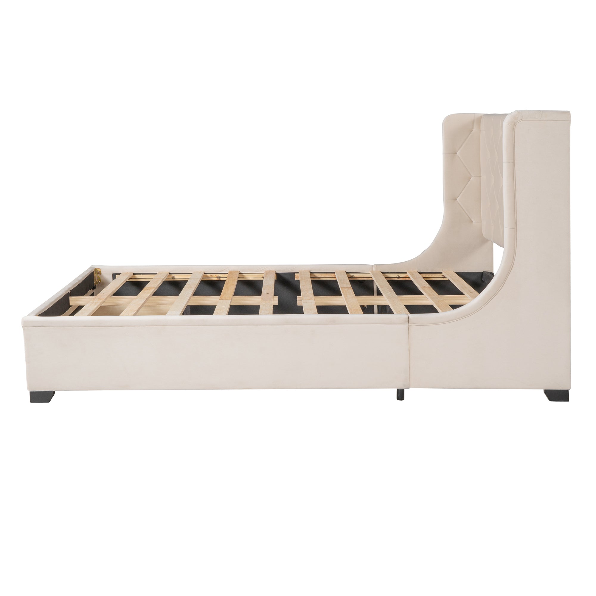 Queen Size Storage Bed Velvet Upholstered Platform Bed - Beige