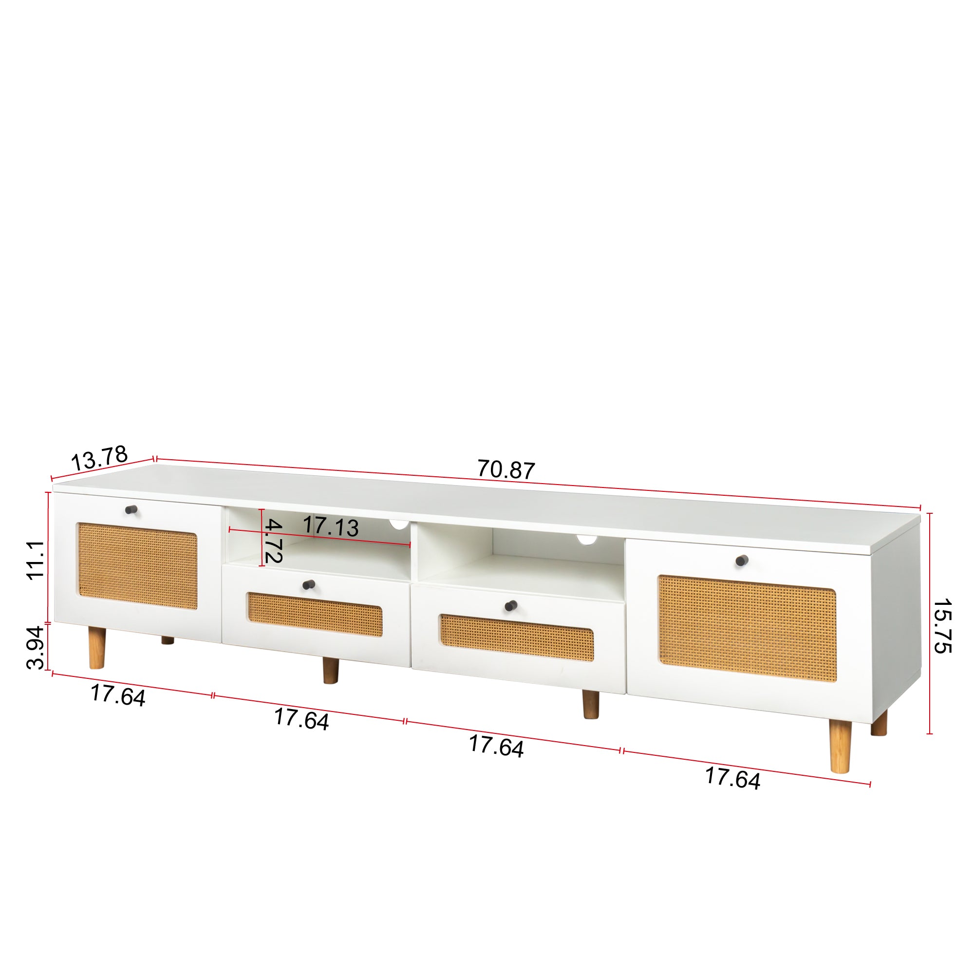 Farmhouse Rattan TV Stand Modern Wood with 2 Doors and 2 Open Shelves - White