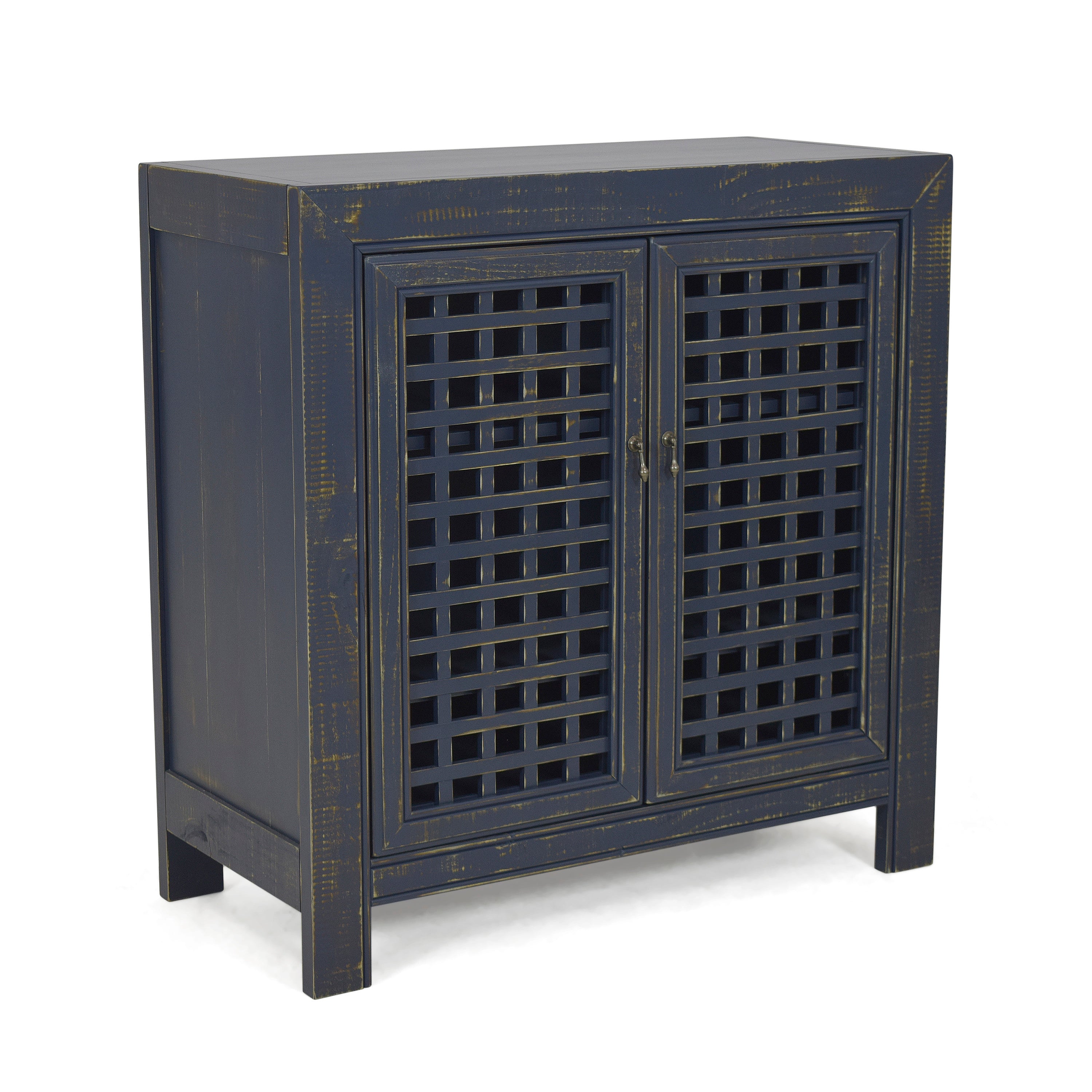 Farmhouse Style Accent Cabinet, Lattice Work Front - Distressed Navy Finish