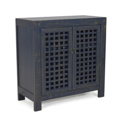 Farmhouse Style Accent Cabinet, Lattice Work Front - Distressed Navy Finish