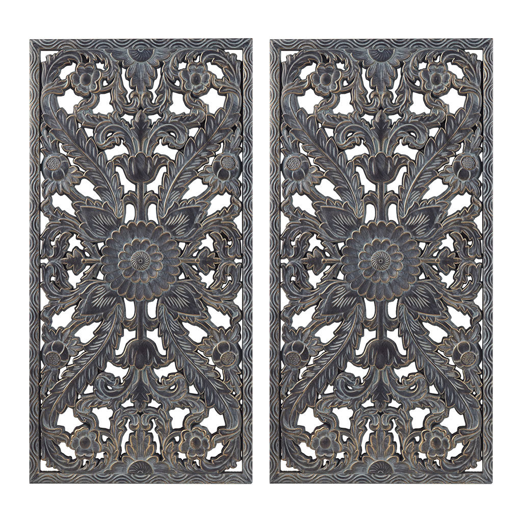 Botanical Panel Distressed Carved Wood 2-piece Wall Decor Set - Antique Blue