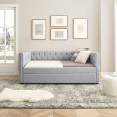 Full Daybed & Twin Trundle with Button and Copper Nail on Square Arms - Grey