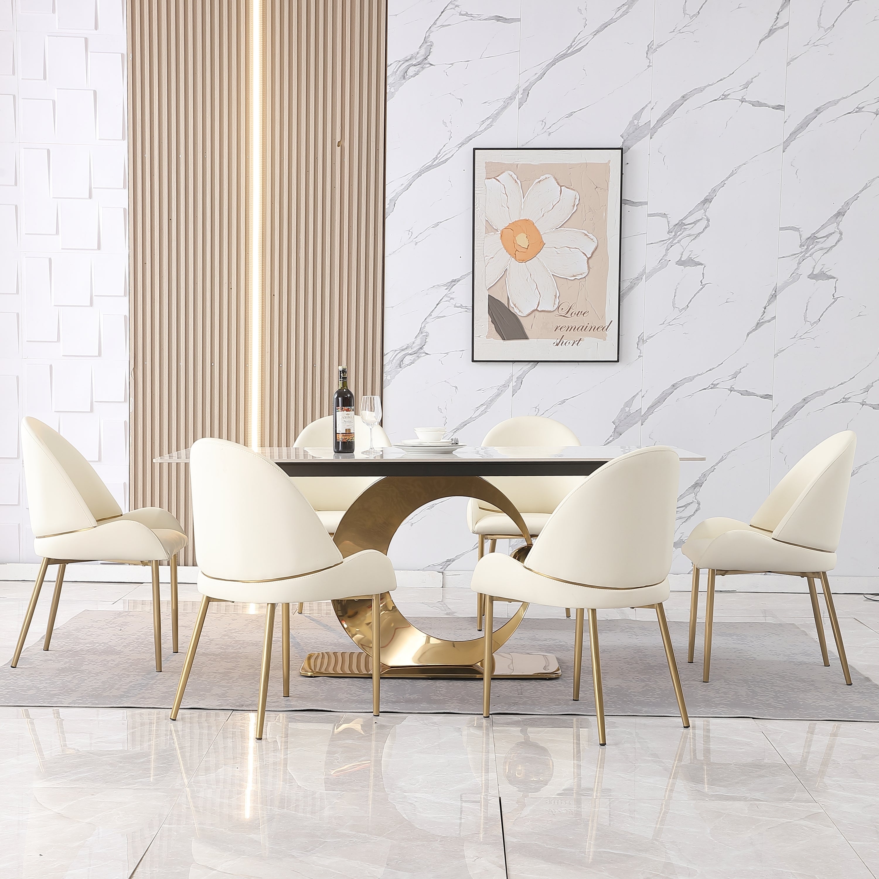 Stone Dining Table with Carrara White color and Round special shape stainless steel Gold Pedestal Base