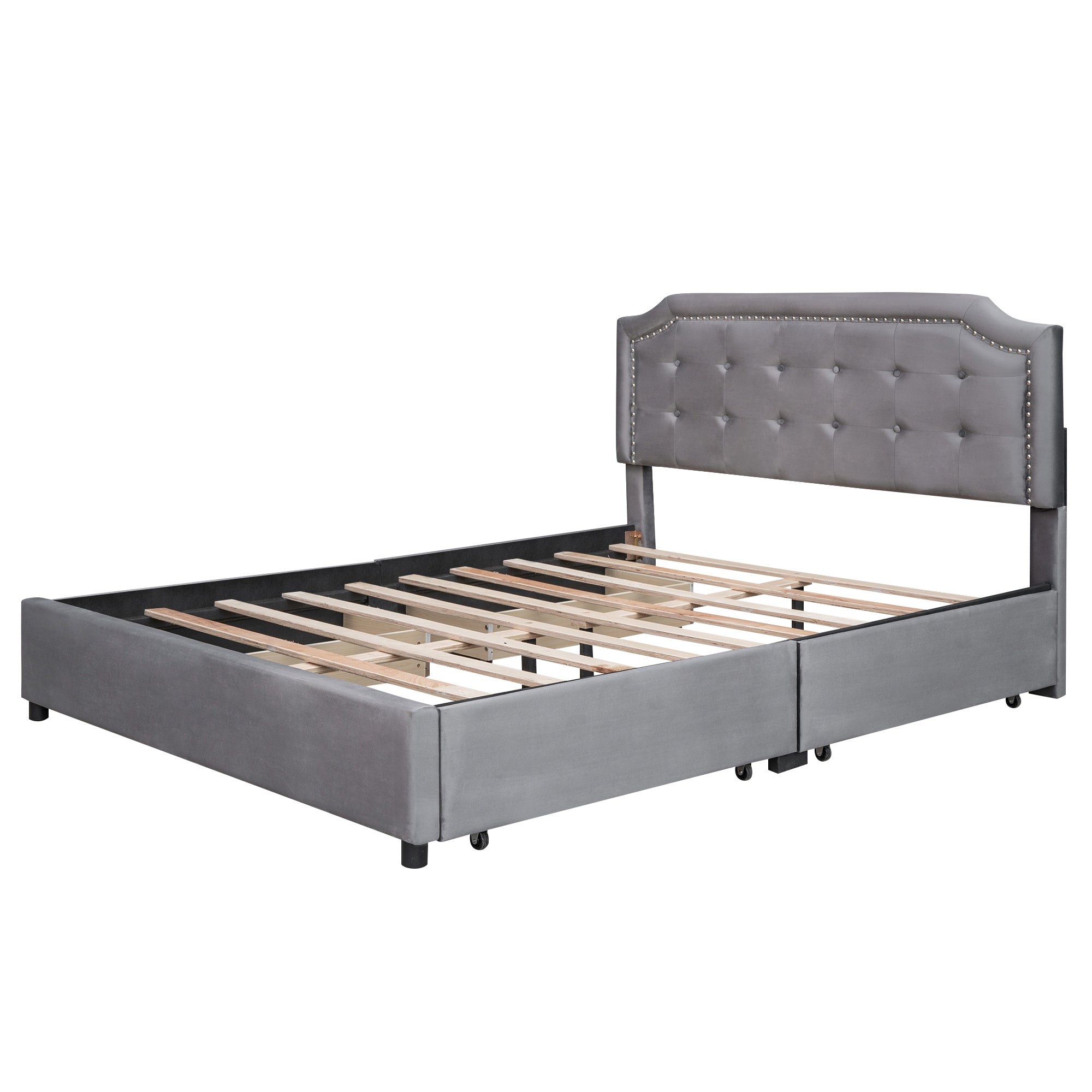 Elegant Queen Size Bed with Classic Headboard and 4 Drawers - Velvet Gray