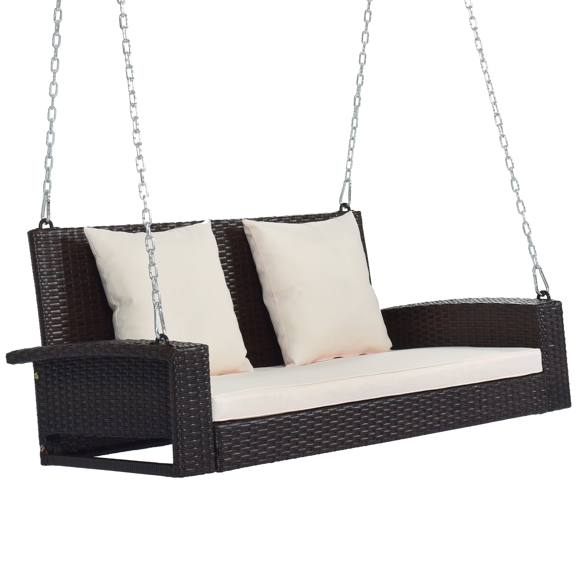 2-Person Wicker Hanging Porch Swing with Chains, Cushion, Pillow, Rattan Swing Bench for Garden, Backyard, Pond (Brown Wicker, Beige Cushion)