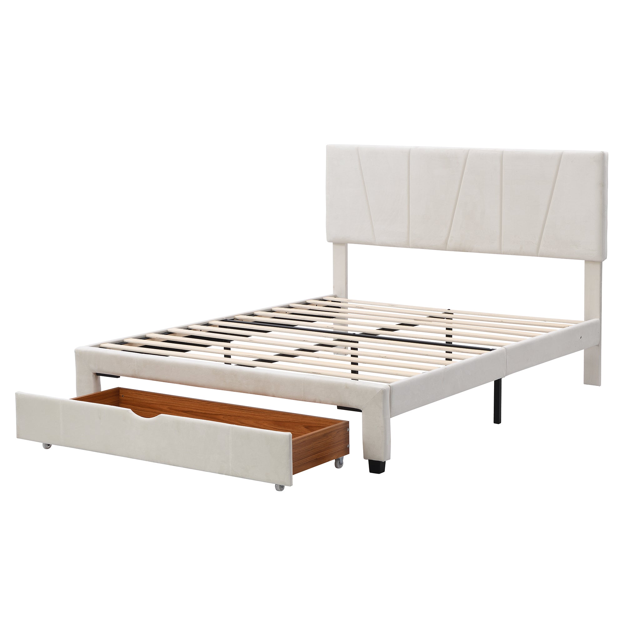Queen Size Upholstery Platform Bed with One Drawer, Adjustable Headboard - Beige