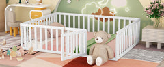 Queen Size Wood Floor Bed Frame with Fence and Door - White