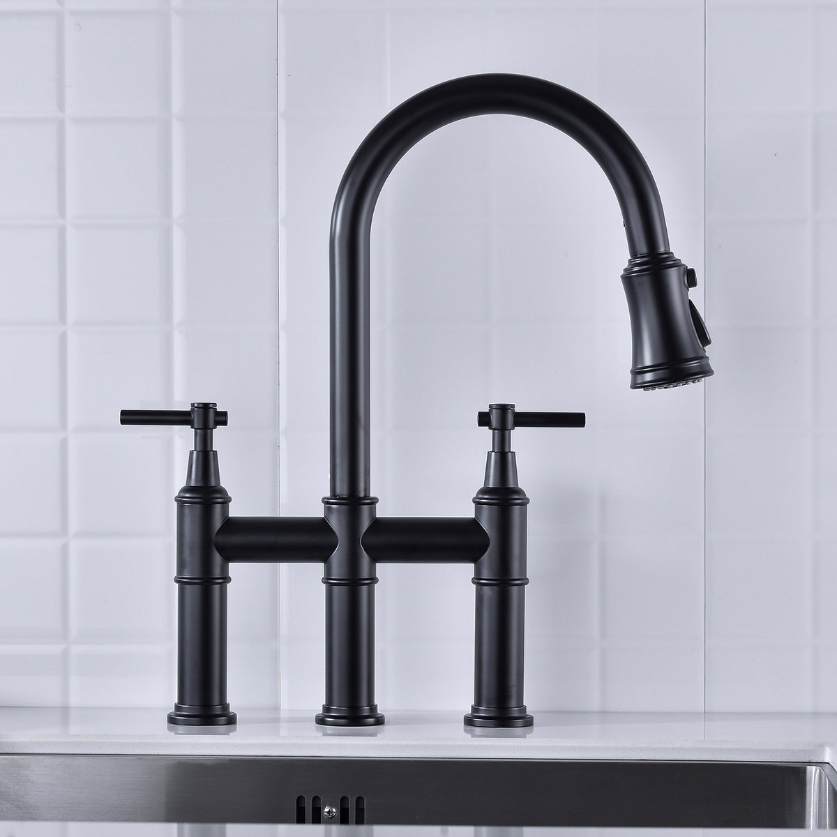 Bridge Kitchen Faucet with Pull-Down Sprayhead in Spot - Matte Black