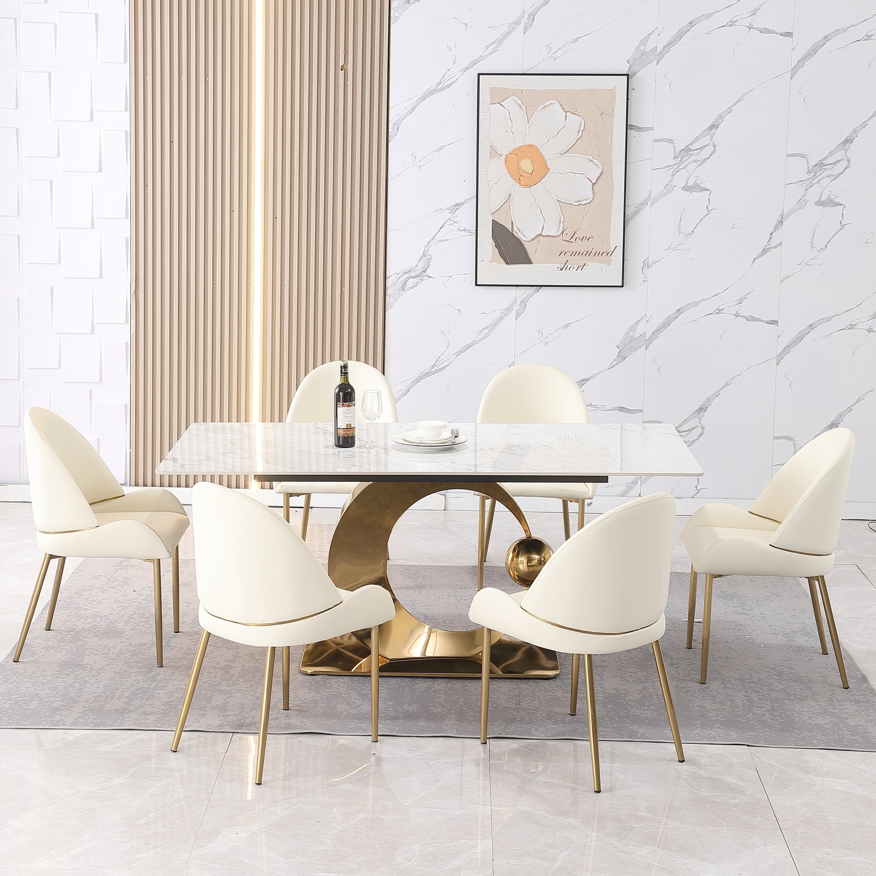 Stone Dining Table with Carrara White color and Round special shape stainless steel Gold Pedestal Base