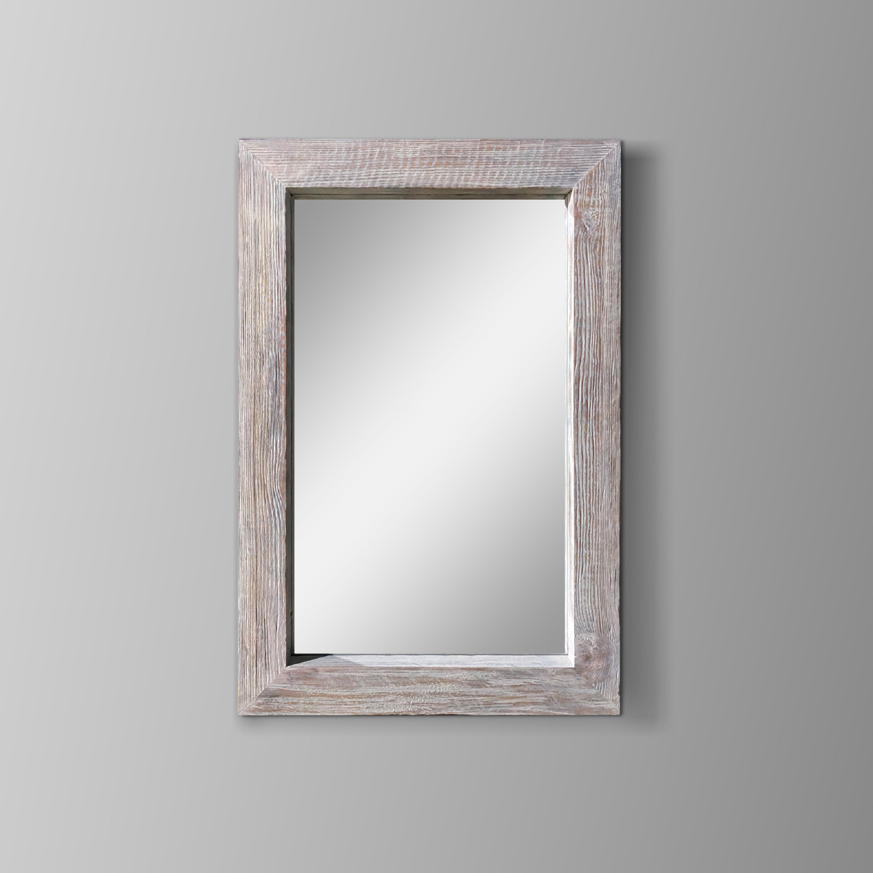Rectangular Wooden Frame Wall Mirror, Grain Details - Antique White