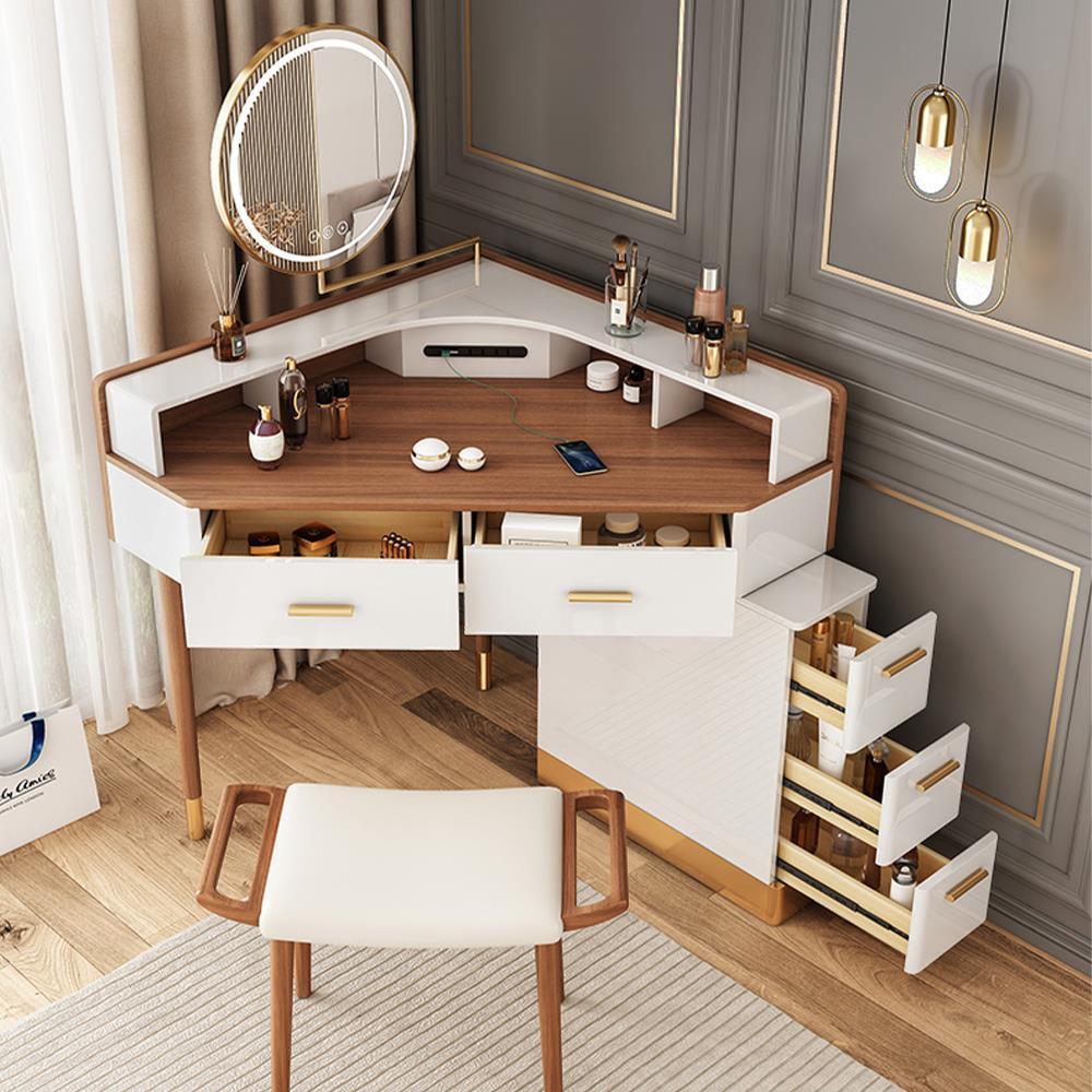 Modern Corner Makeup Vanity Table with LED Lighted Mirror, 5 Drawers, Stool
