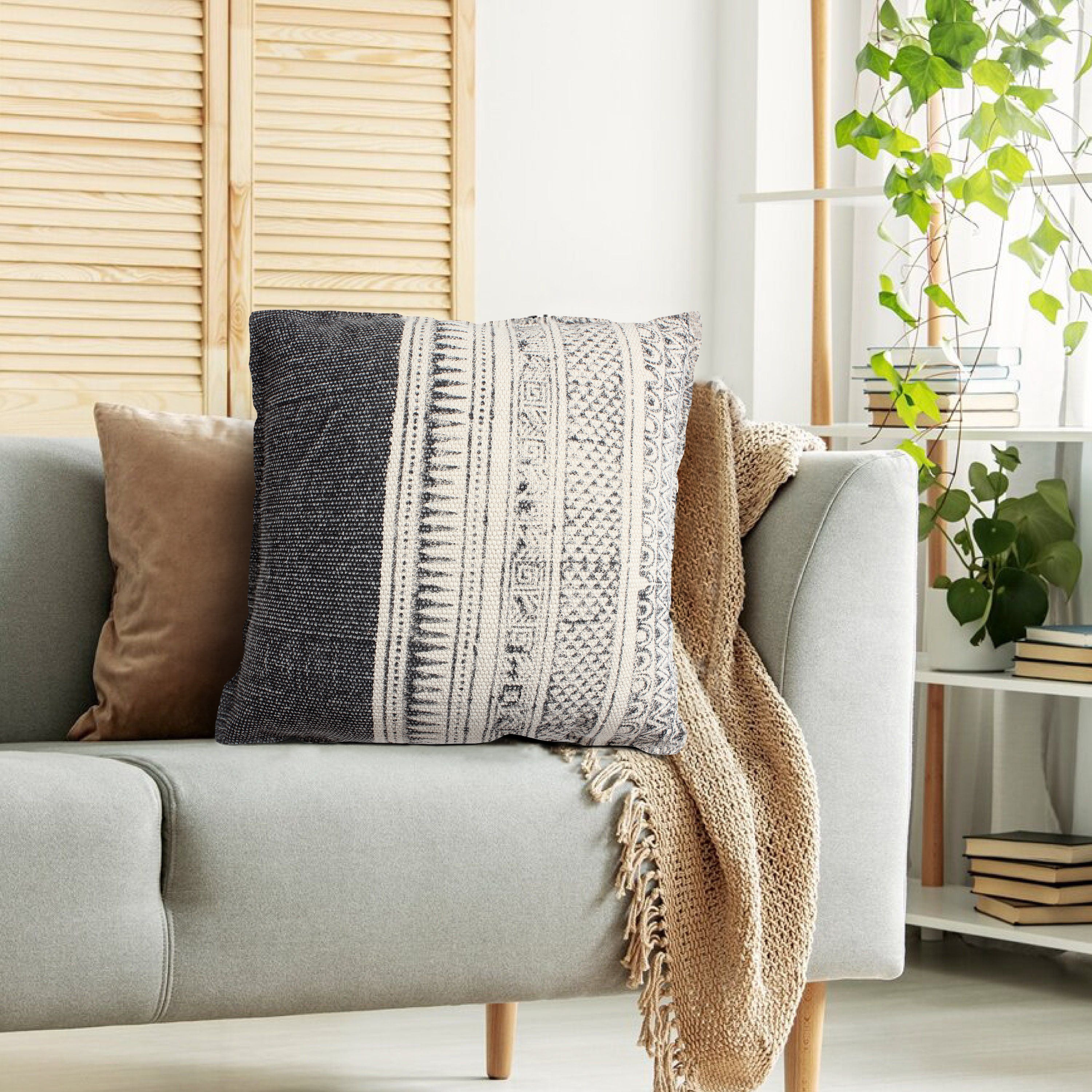 Square Handwoven Accent Throw Pillow, Polycotton Dhurrie, Kilim Pattern - White & Gray