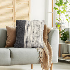 Square Handwoven Accent Throw Pillow, Polycotton Dhurrie, Kilim Pattern - White & Gray