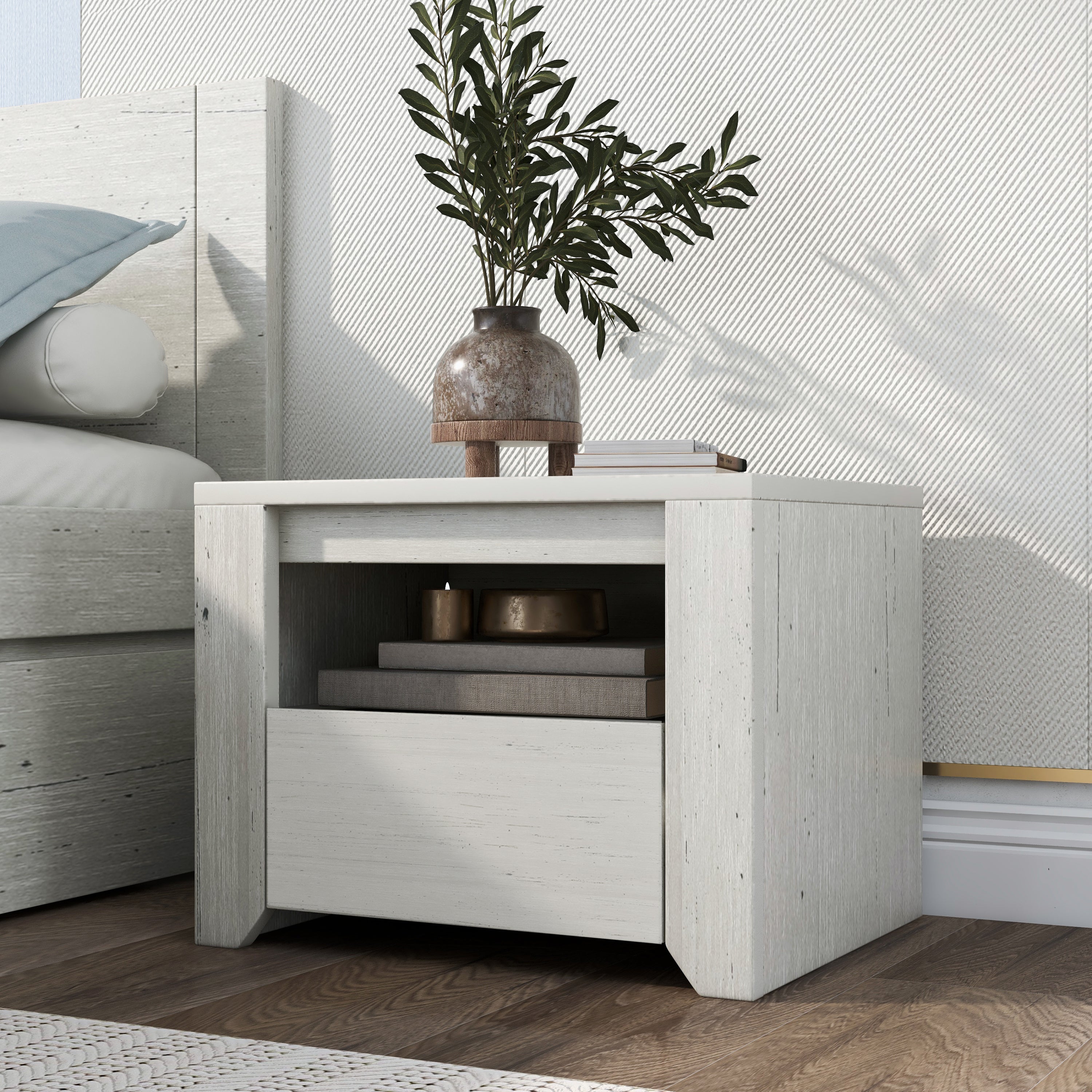 Wood Nightstand with Gray Wood Grain Sticker Surfaces One Drawer - Off White