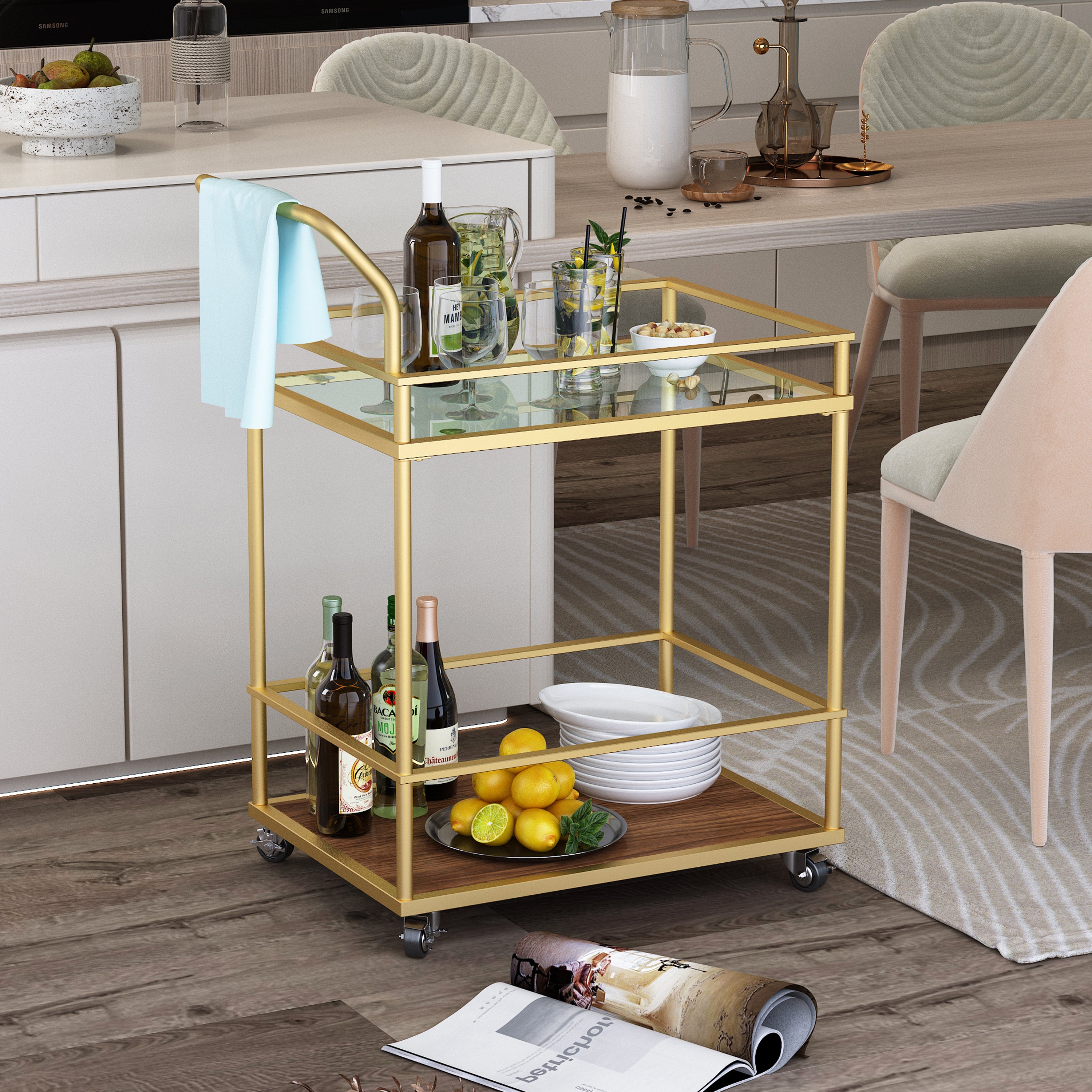 Serving cart, Rolling Bar or Cart for Tea or Cocktail, 2-Tiered Glass and Metal - Gold