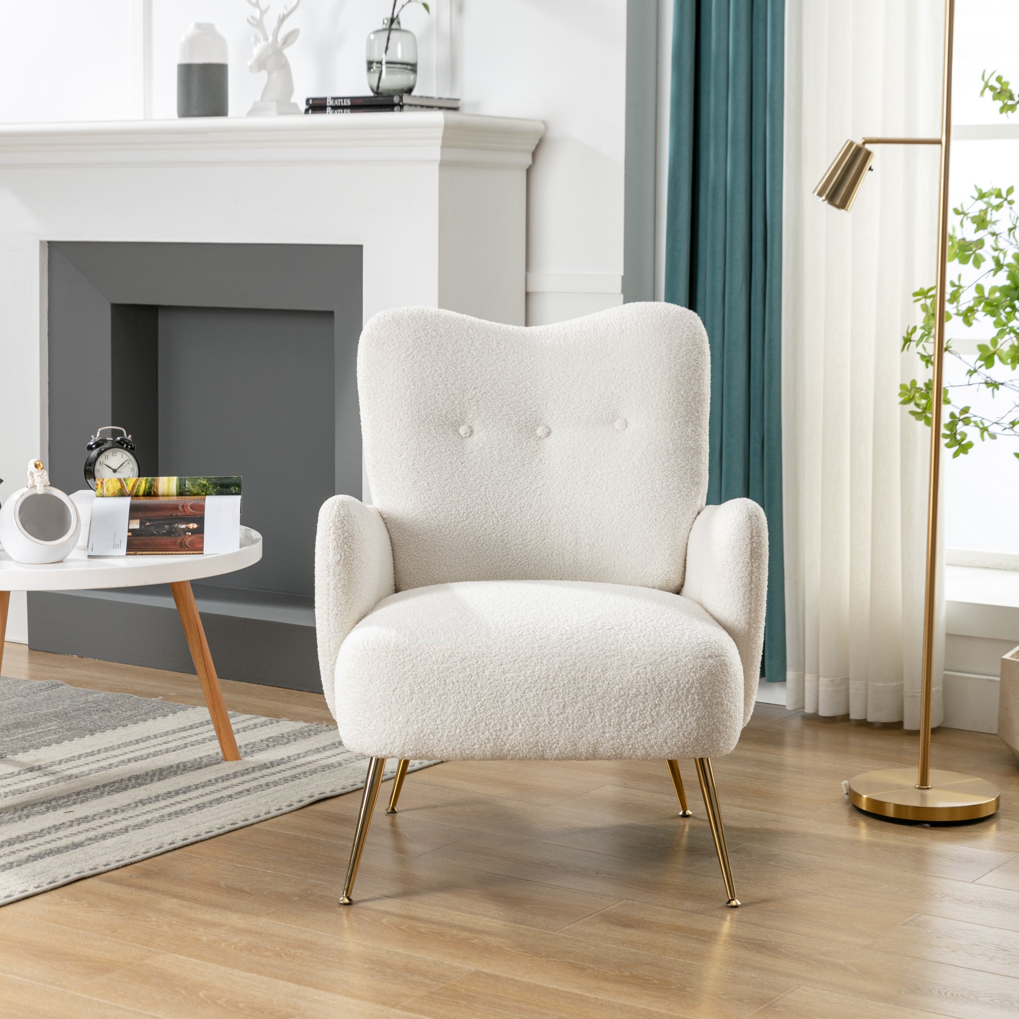 Modern Teddy Short Plush Particle Armchair, Accent Chair with Golden Metal Legs and High Back - White