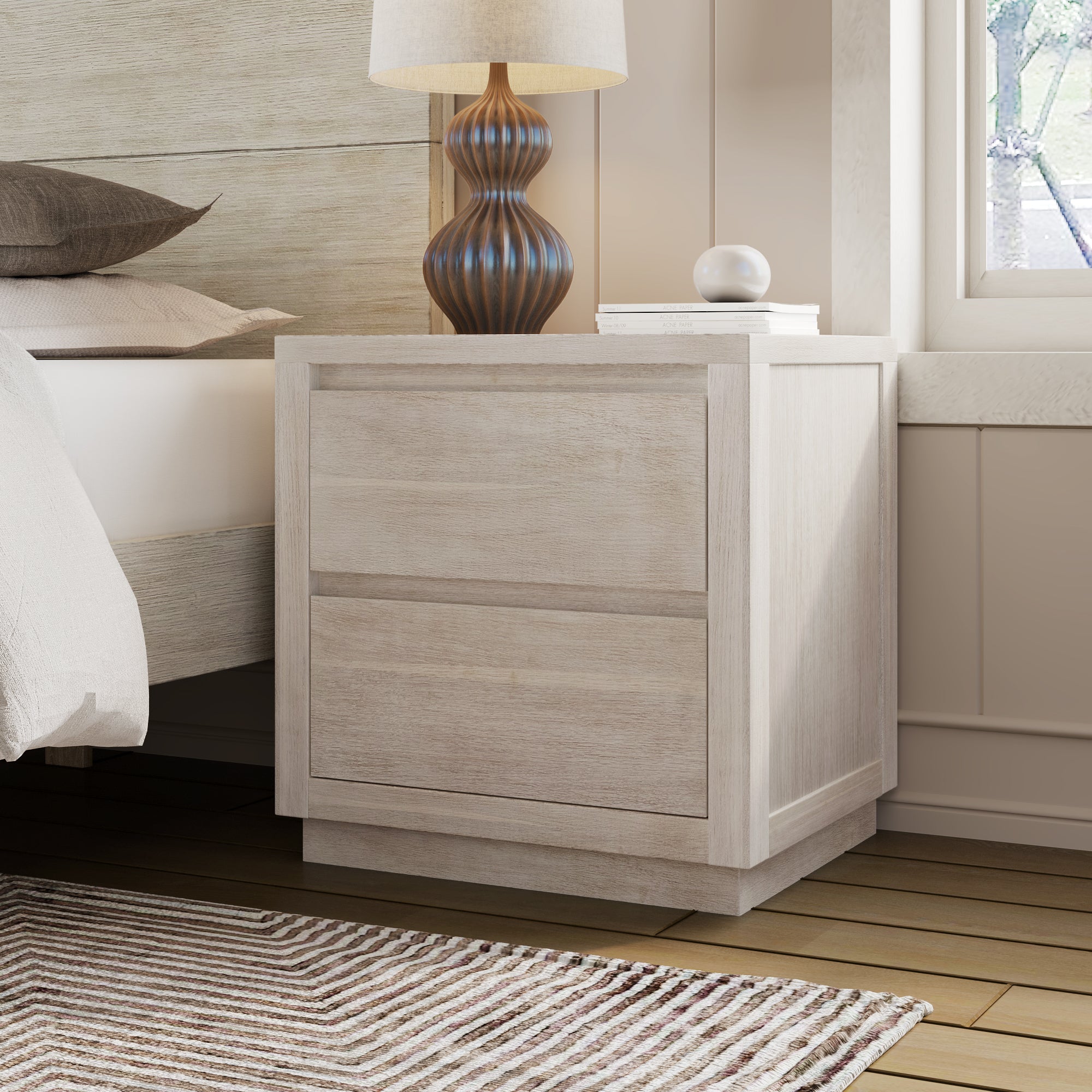 Modern Style Wood Veneer 2-Drawer Nightstand Side Table - Stone Gray