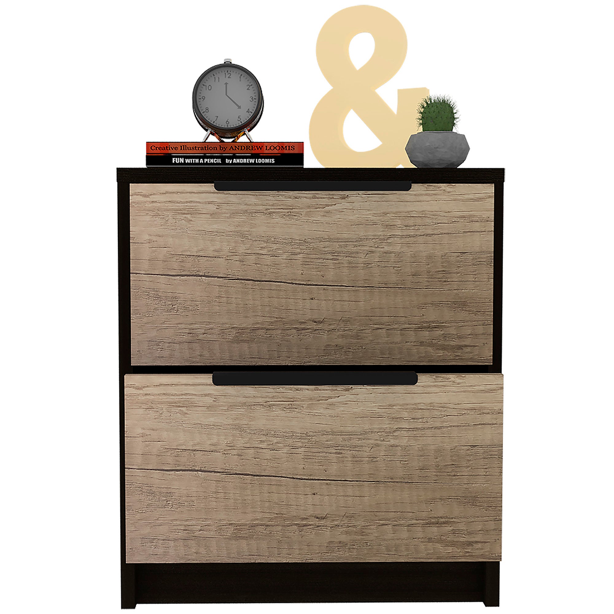Kaia Nightstand, Two Drawers, Metal Handle - Black / Pine