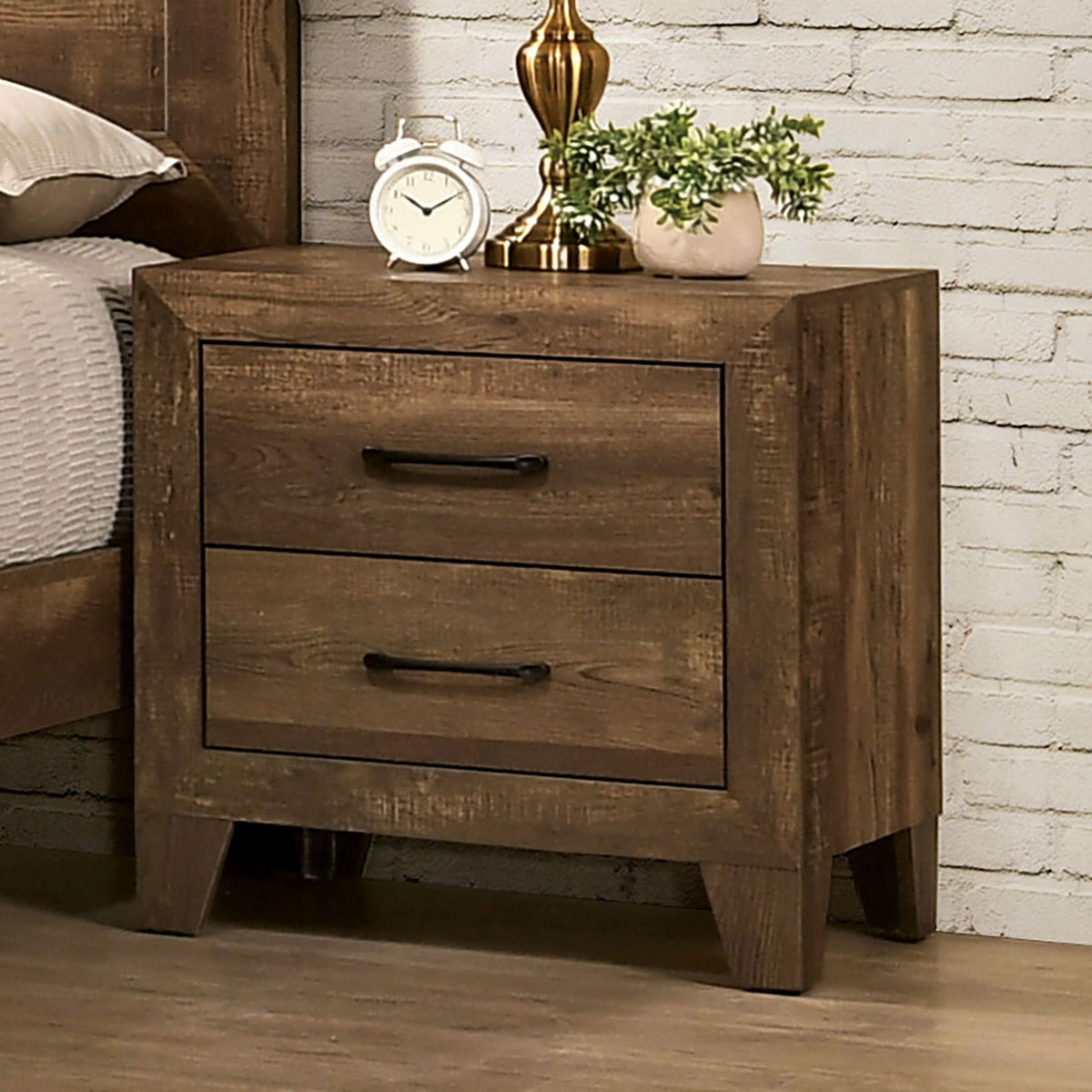 Walnut Rustic Nightstand Faux Wood Veneer Wide Black Drawer