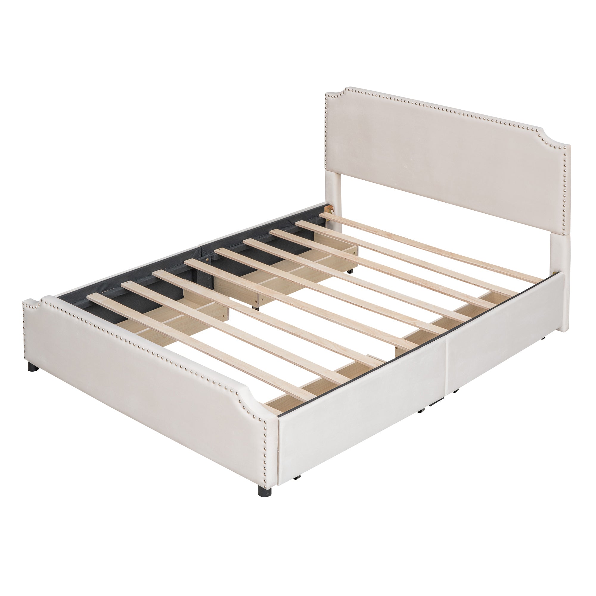 Queen Size Upholstered Platform Bed with Stud Trim Headboard and Footboard and 4 Drawers No Box Spring Needed, Velvet Fabric - Beige