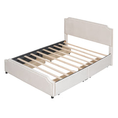 Queen Size Upholstered Platform Bed with Stud Trim Headboard and Footboard and 4 Drawers No Box Spring Needed, Velvet Fabric - Beige