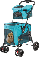 Portable Folding Dog Stroller Travel Cage Stroller for Pet Cat Kitten Puppy Carriages - Large 4 Wheels Elite Jogger - Blue