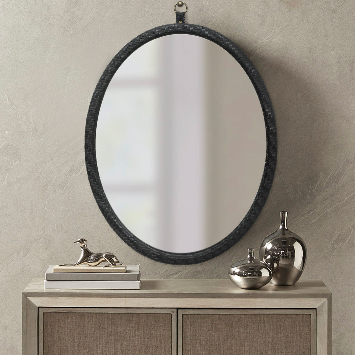 Oval Black Woven Grain Decorative Wall Mirror