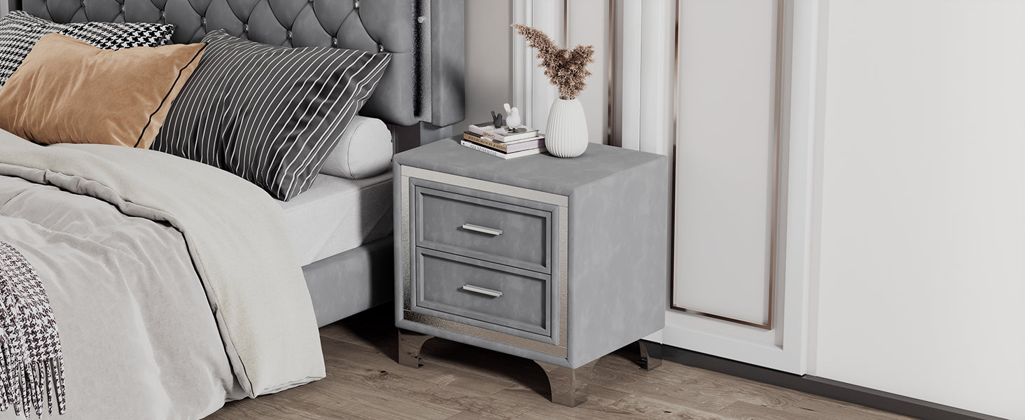 2-Drawer Nightstand with Metal Legs for Bedroom Velvet Bedside Table-Gray