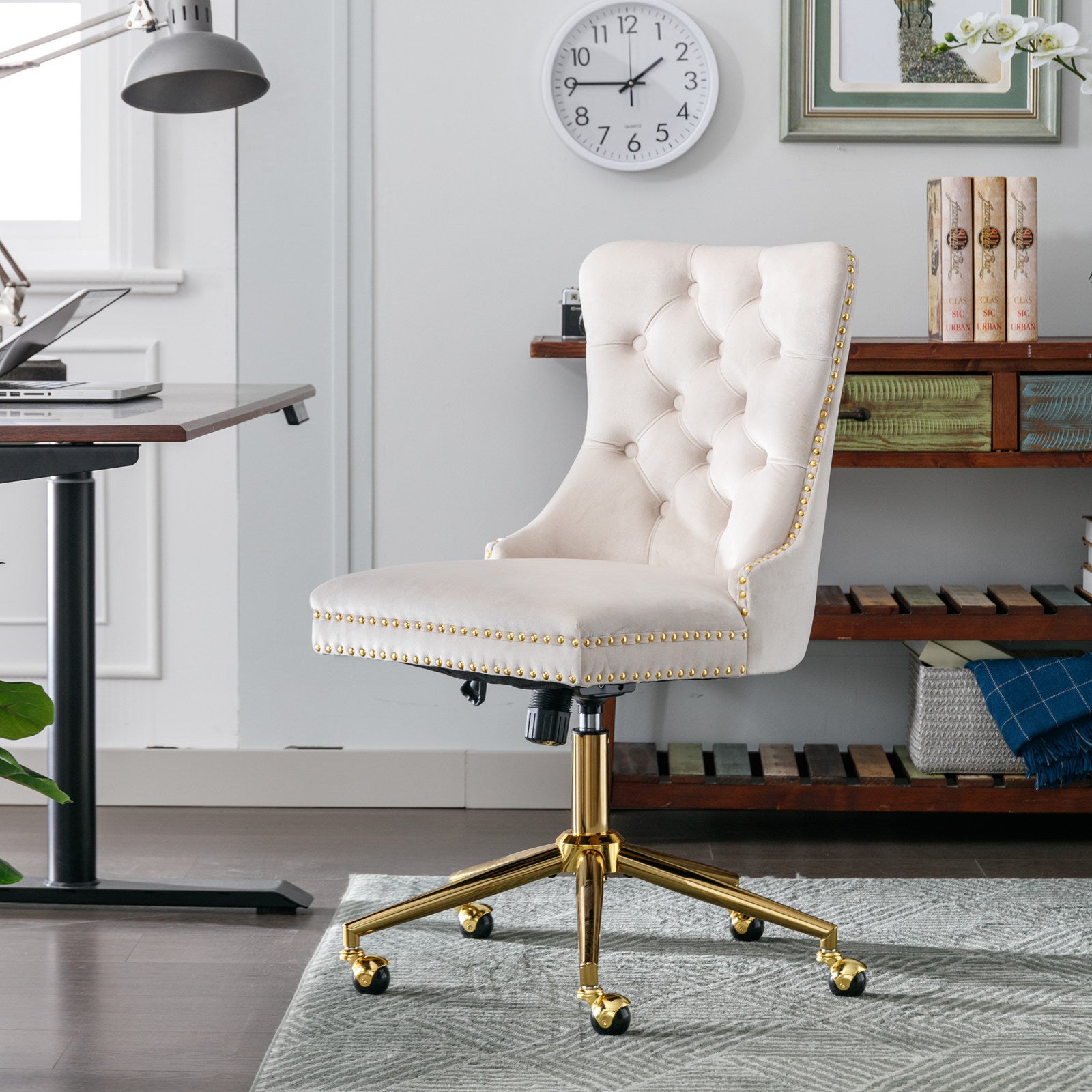 Velvet Upholstered Tufted Button Home Office Chair with Golden Metal Base - Beige