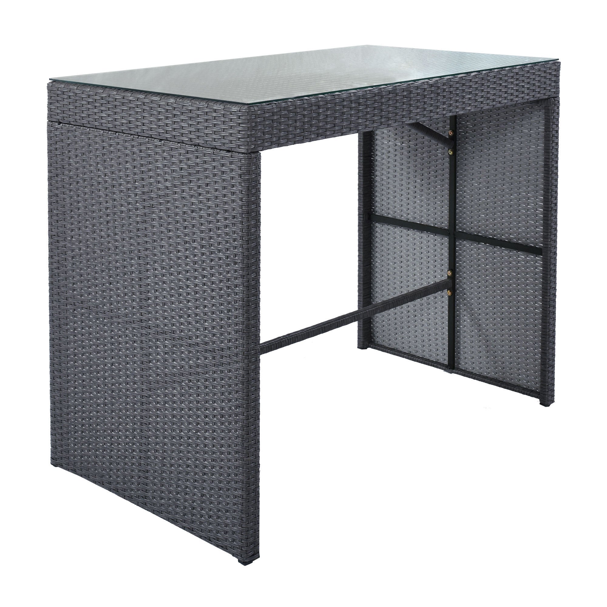 5-piece Rattan Outdoor Patio Furniture Set Bar Dining Table Set with 4 Stools - Gray Cushion + Gray Wicker