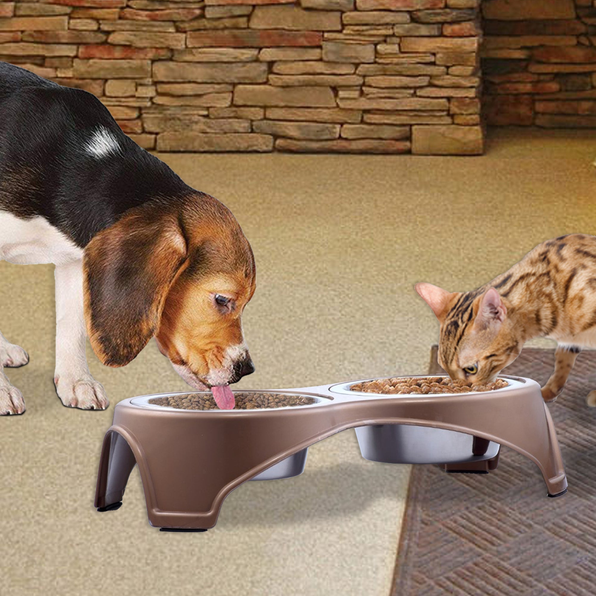 Double Diner Pet Bowl in Stainless Steel, Large - Gold and Silver