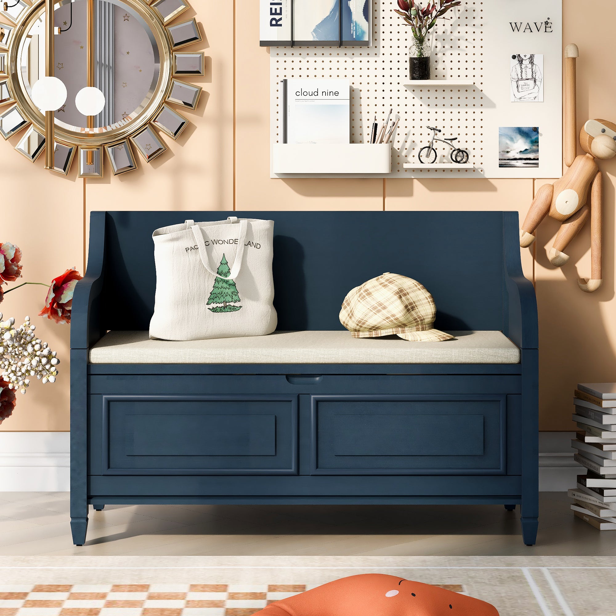 Rustic Style Solid Wood Entryway Storage Bench with Safety Hinge - Antique Navy + Beige