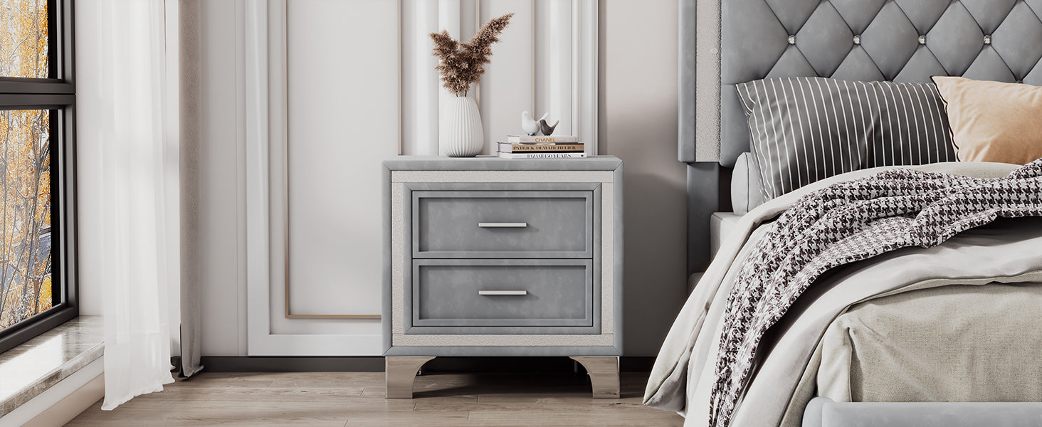 2-Drawer Nightstand with Metal Legs for Bedroom Velvet Bedside Table-Gray