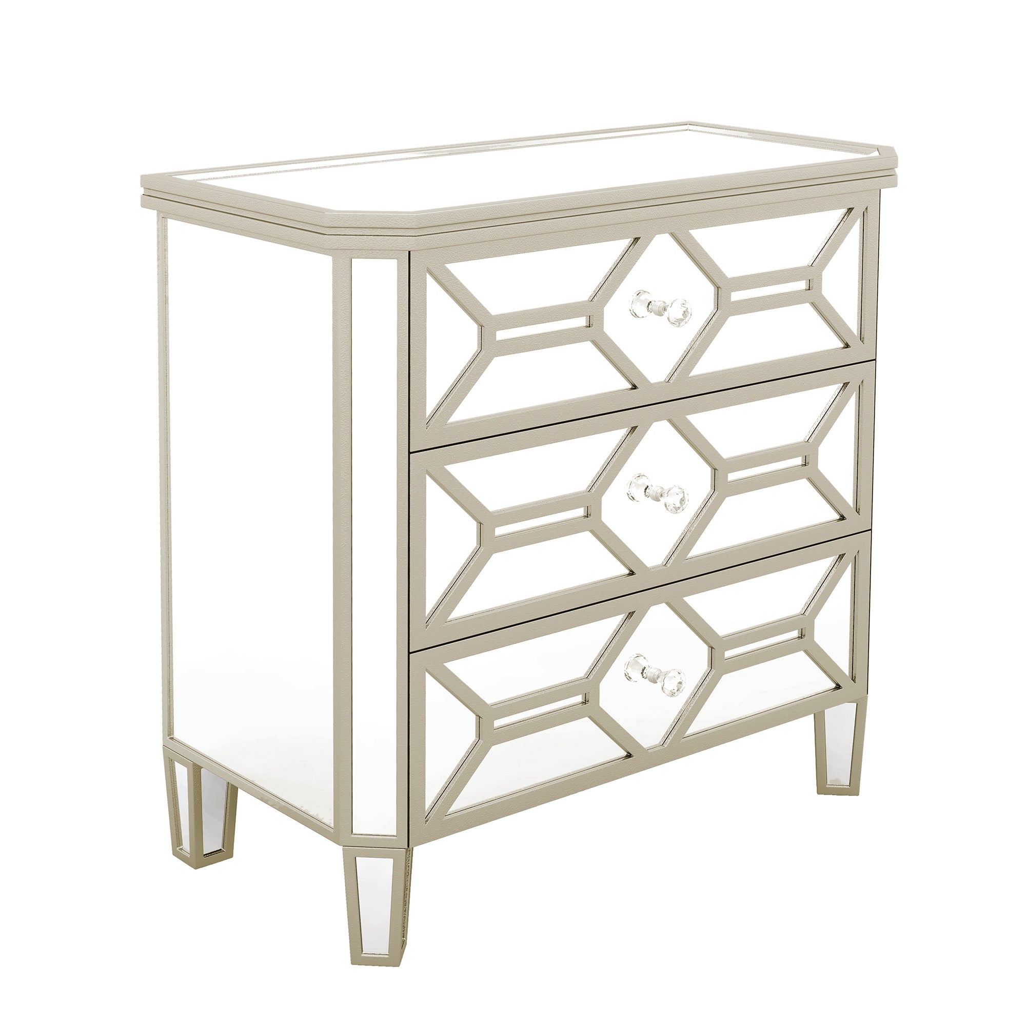 Elegant Mirrored 3-Drawer Chest with Golden Lines Storage Cabinet
