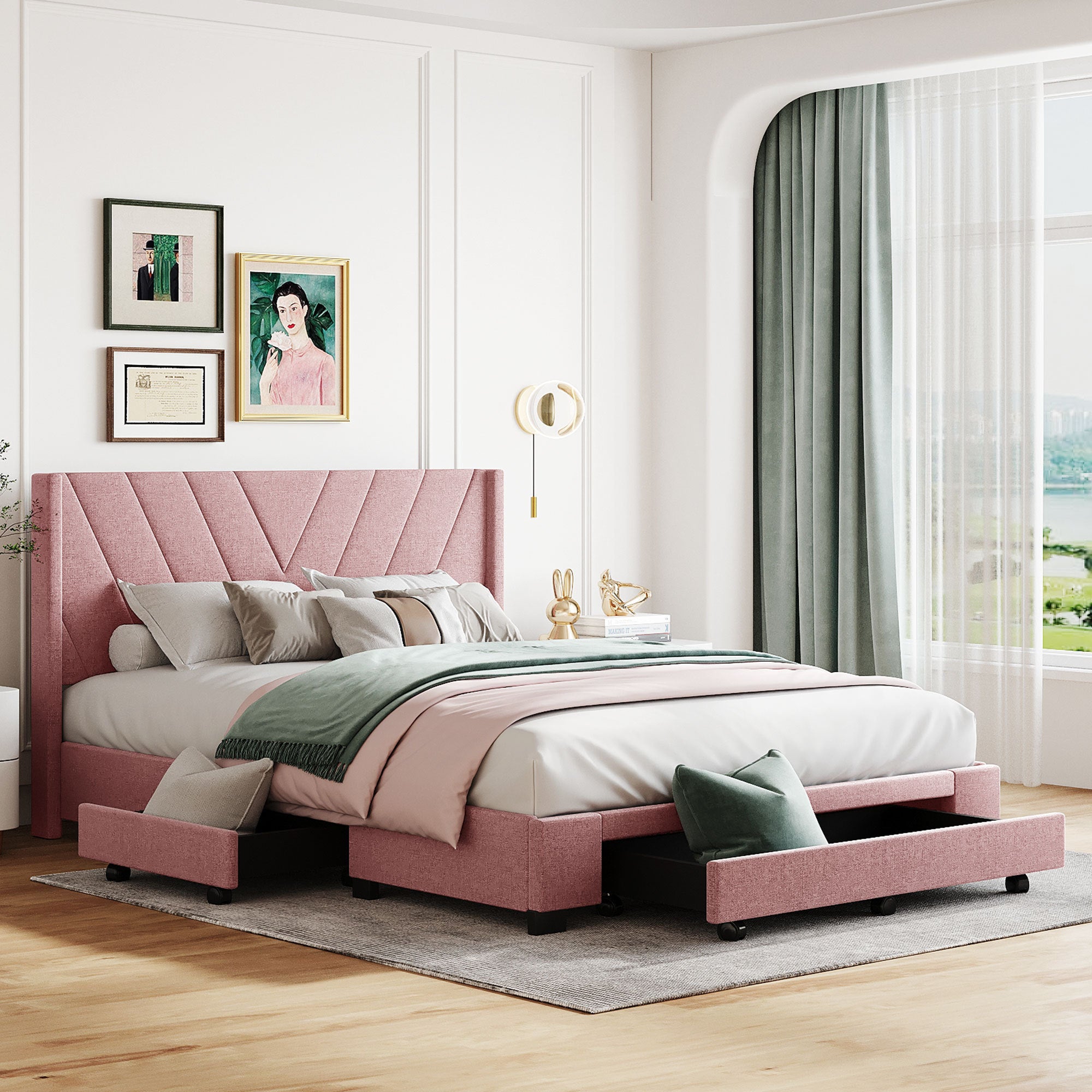 Queen Size Storage Bed Linen Upholstered Platform Bed with 3 Drawers - Pink
