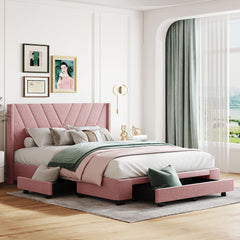 Queen Size Storage Bed Linen Upholstered Platform Bed with 3 Drawers - Pink