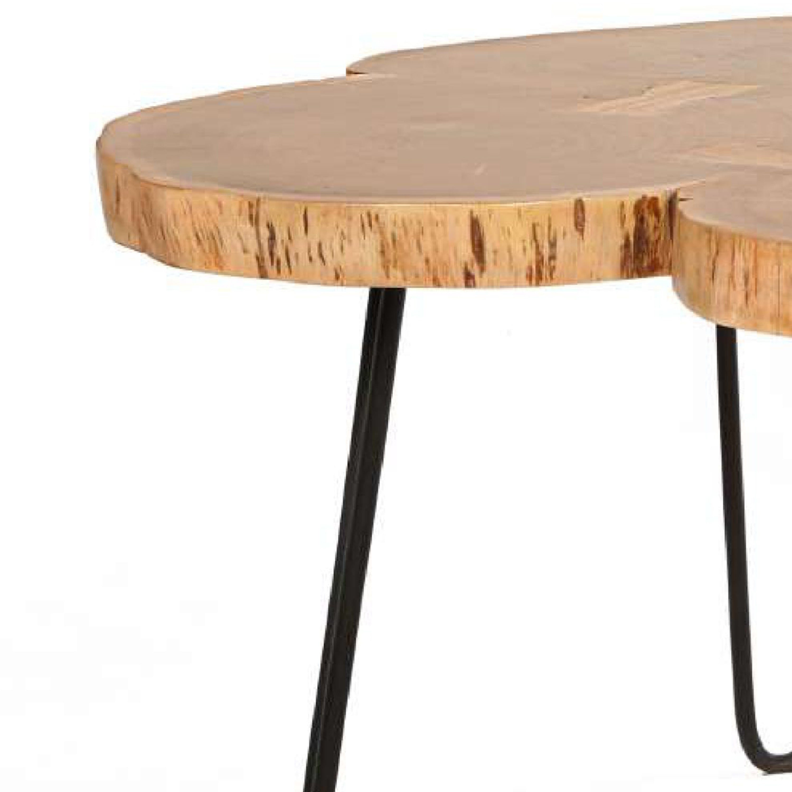 29 Inch Acacia Wood Coffee Table, Live Edge, Quatrefoil Top, Iron Hairpin Legs - Brown and Black