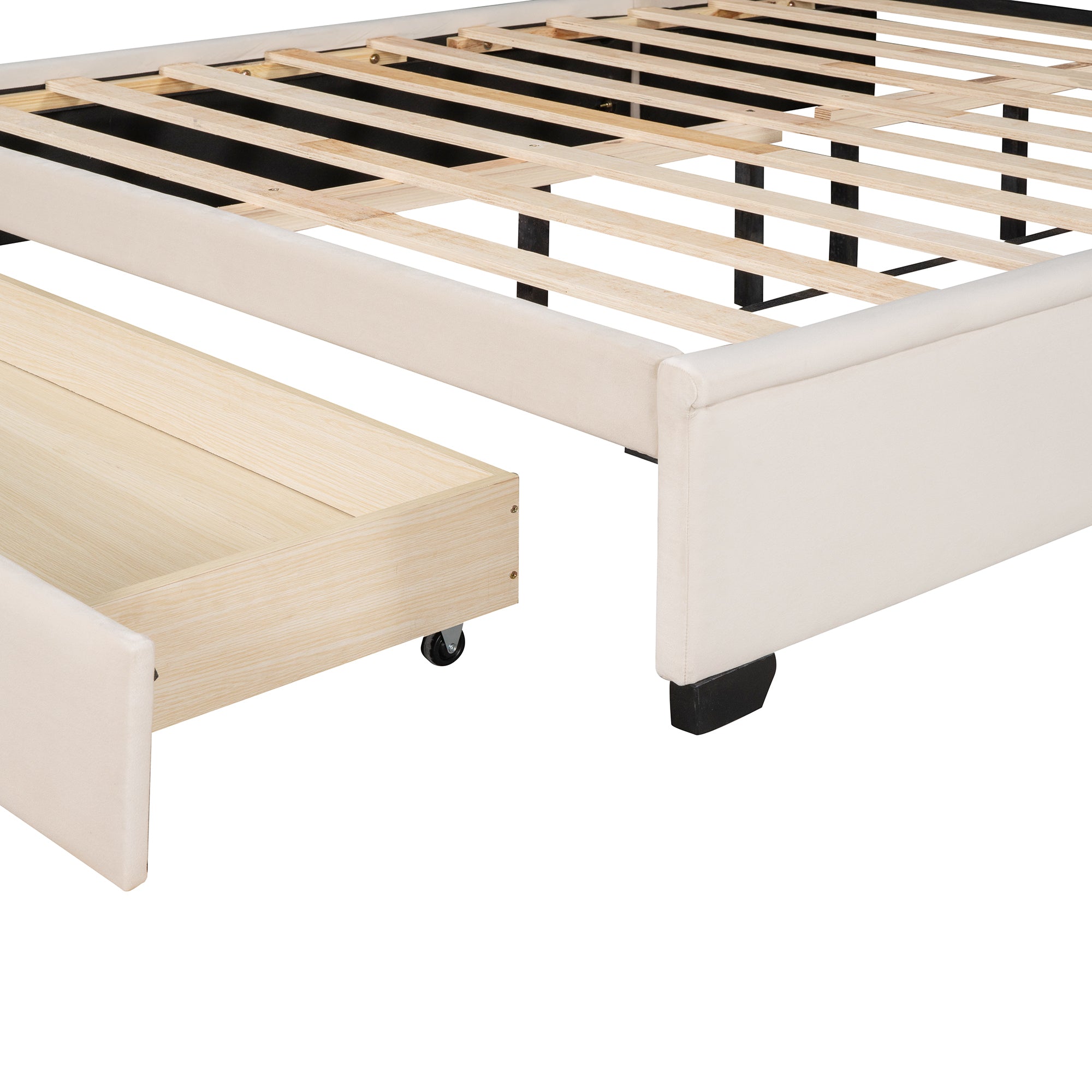 Queen Size Storage Bed Velvet Upholstered Platform Bed - Beige
