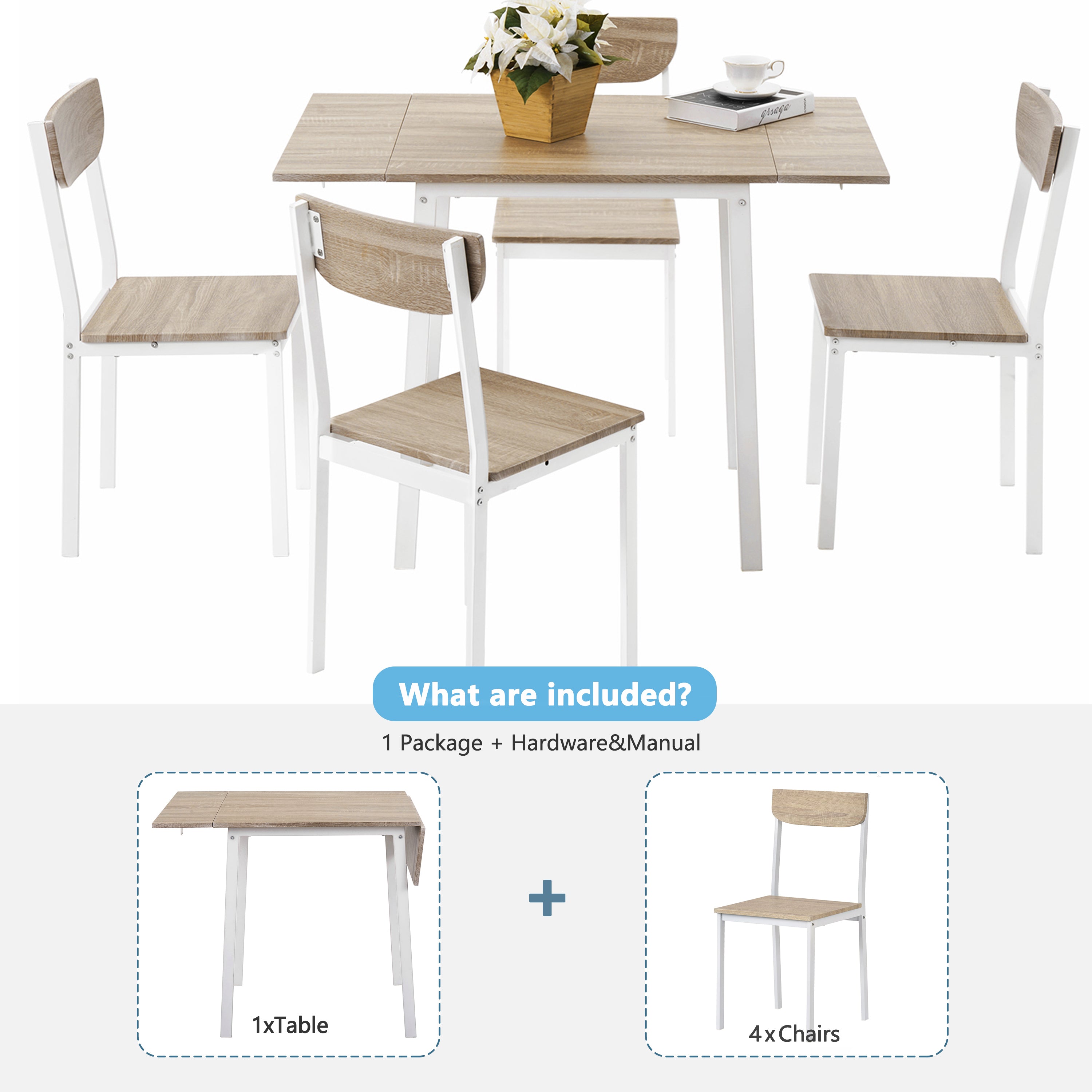 5-piece Modern Metal Dining Set with 1 Leaf Dining Table and 4 chairs - Oak Finish