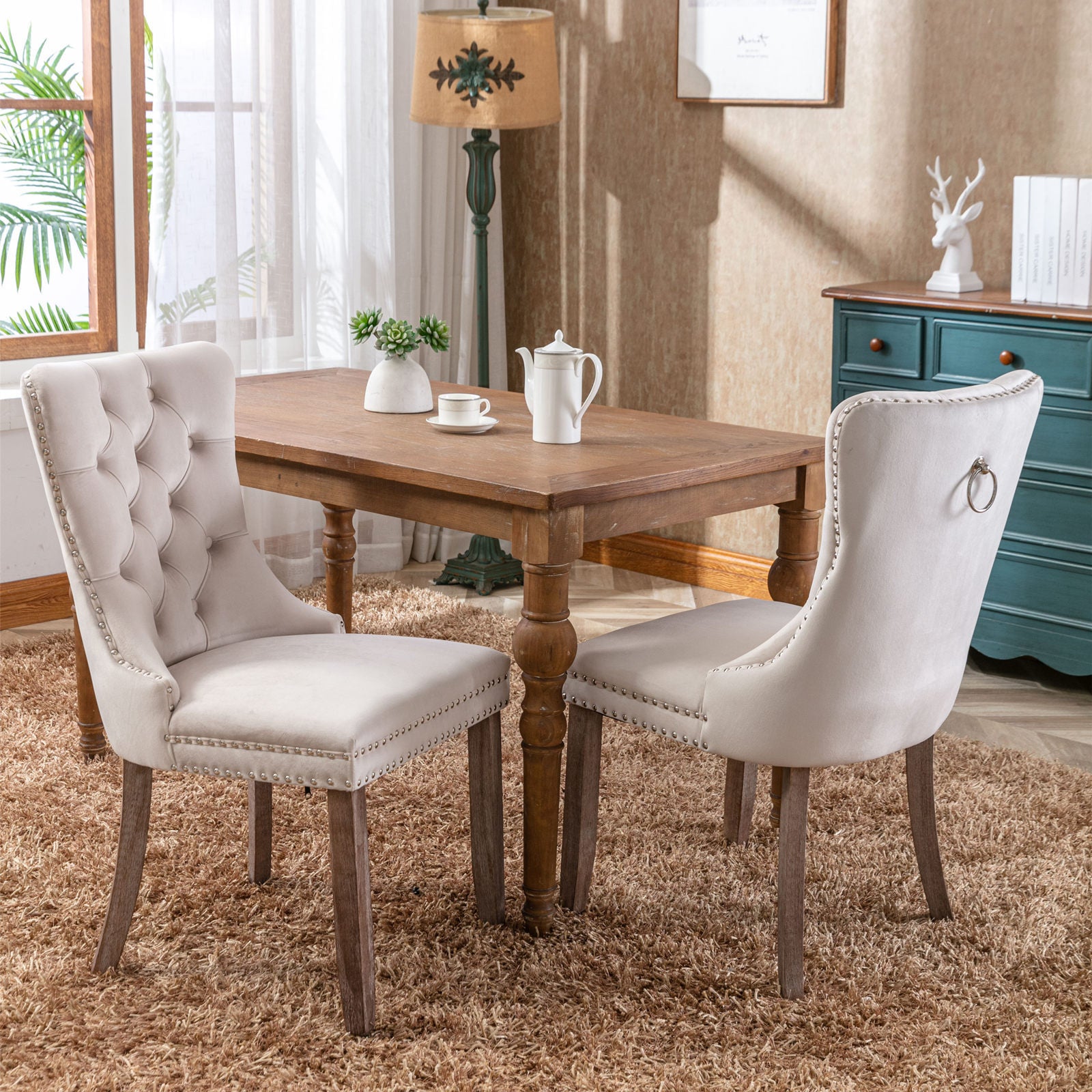 Modern High-end Tufted Velvet Upholstered Dining Chair with Wood Legs Nailhead Trim (Set of 2) -Beige
