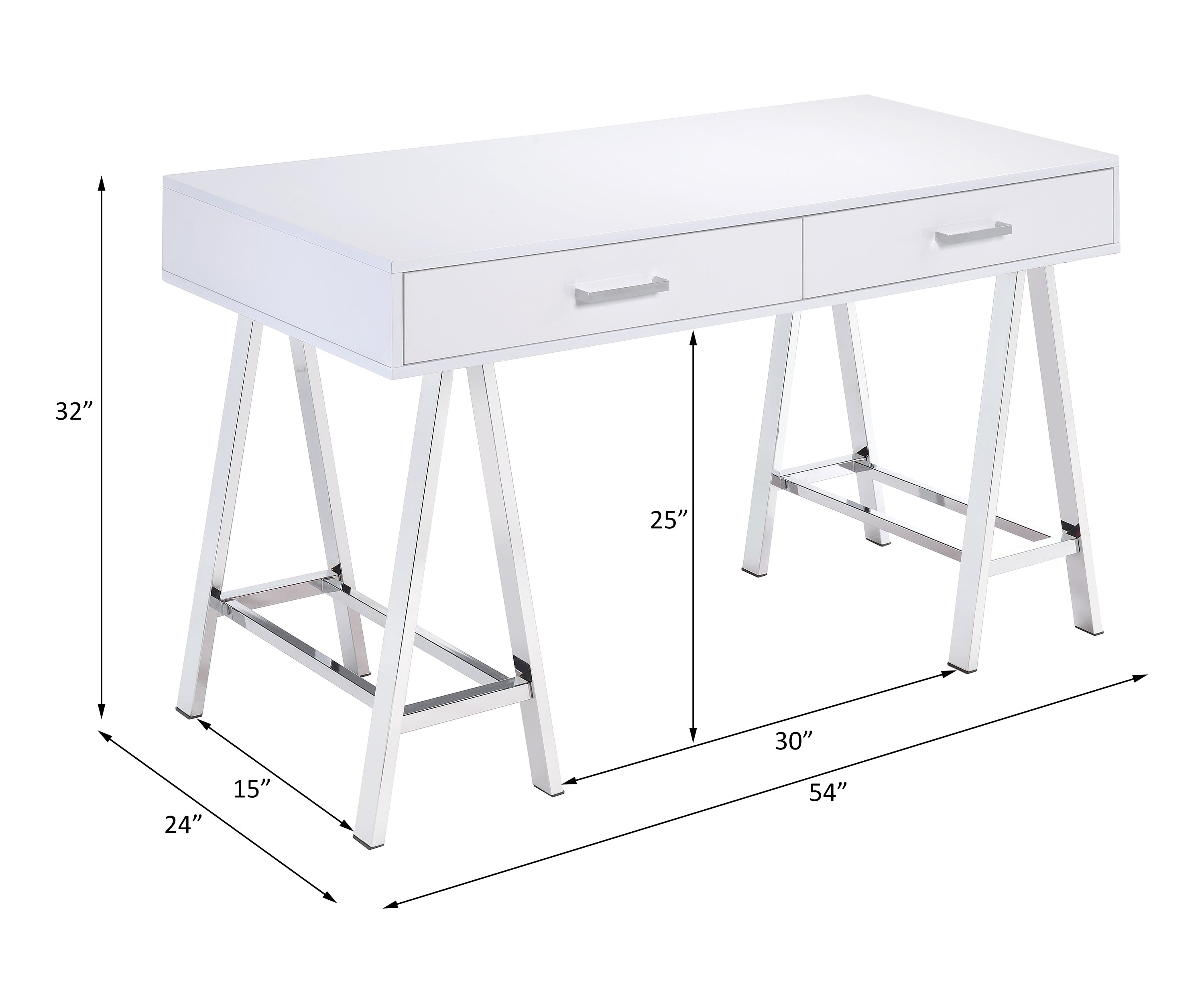 Contemporary Built-in USB Port Writing Desk - White High Gloss & Chrome Finish