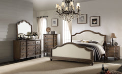 French Style Queen Bed - Beige Linen & Weathered Oak