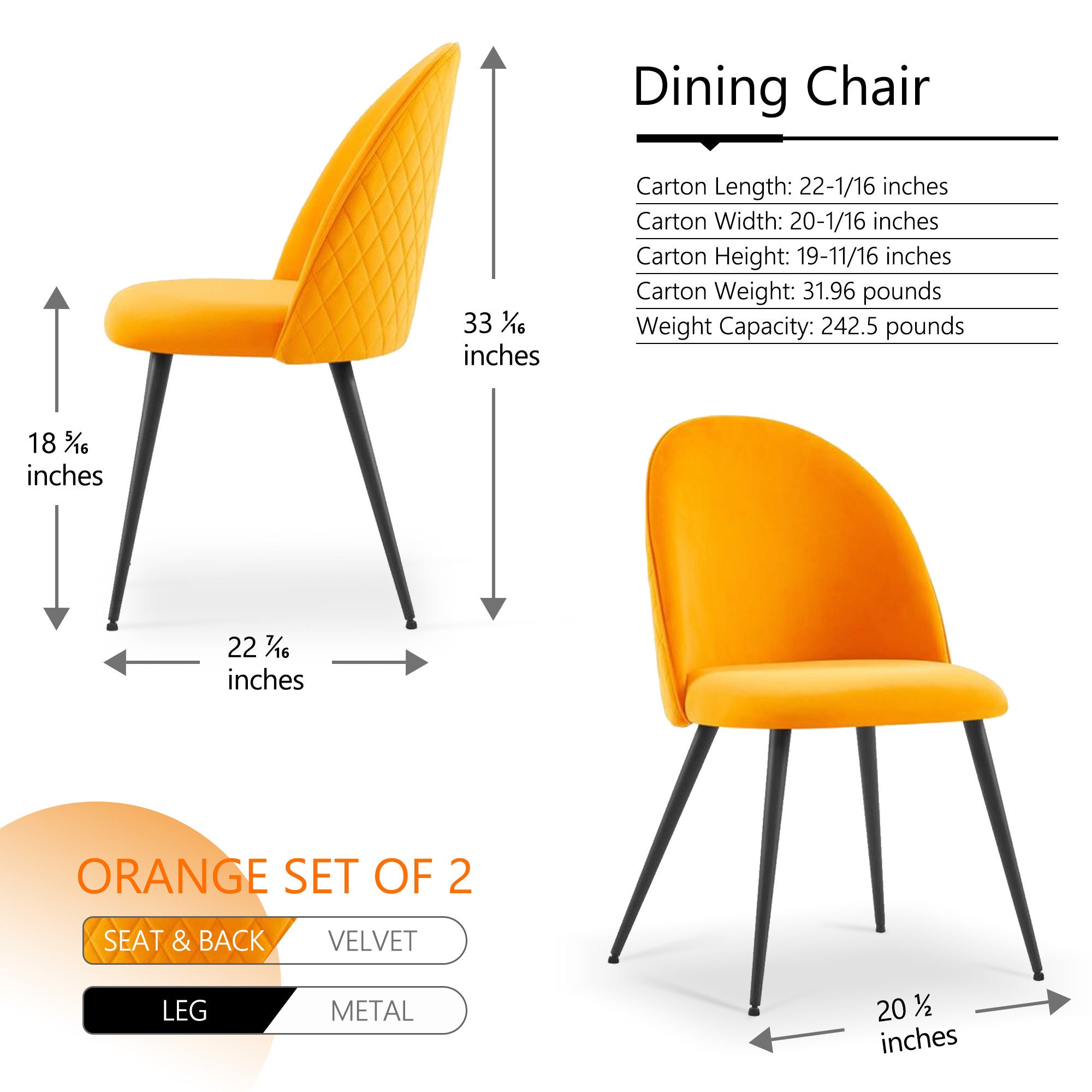Velvet Dining Chair Metal Black Legs (Set of 4) - Orange