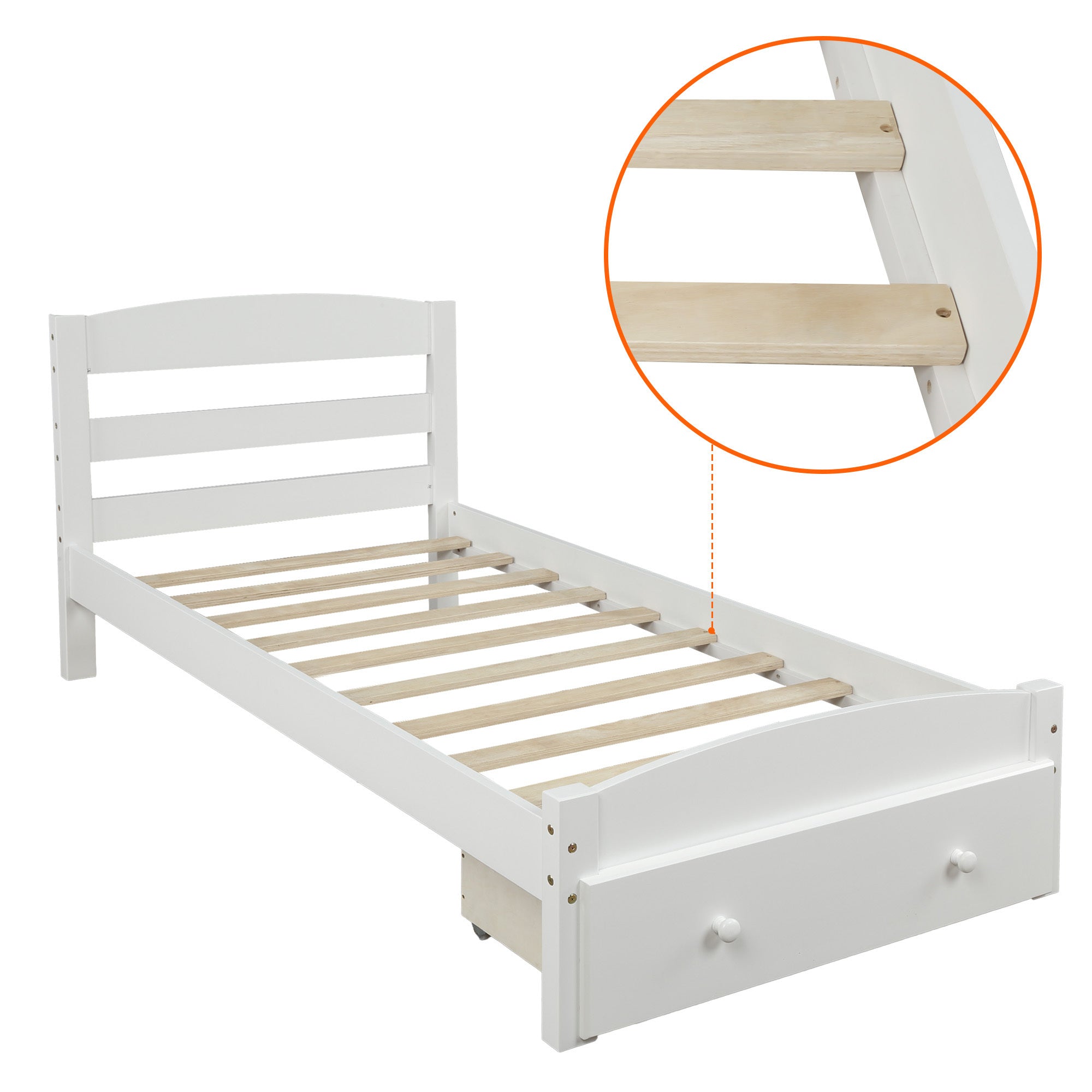 Platform Twin Bed Frame with Storage Drawer and Wood Slat Support No Box Spring Needed - White