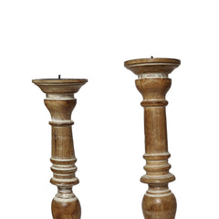 Handcrafted Distressed Wooden Candle Holder with Pedestal Body (Set of 3) - Brown